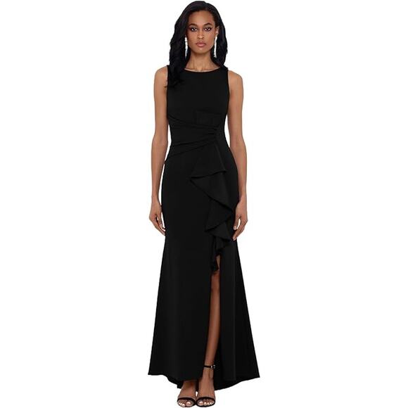 NWT Betsy & Adam Petite Black Scuba Crepe Gown, Boat Neck, Ruffle, Side Slit, 6P - Picture 1 of 3